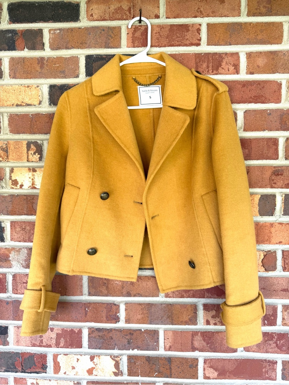 Belle & Bloom Better Off Military Peacoat Cropped Mustard Yellow Size Small